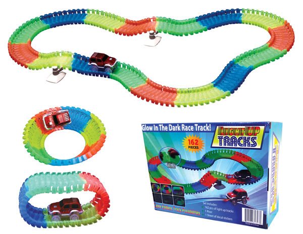 Magic Light Up Glow In the Dark Race Track Set - Snap-Together Neon Twisting Flexible Raceways Tracks - For Kids and Creative STEM Play - LED Car 162pc Deluxe Set