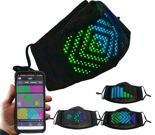 LED Lighted Face Mask - 7 Color Large LED Glowing Light Matrix Display - APP Controlled Bluetooth Programmable Face Mask - USB Rechargeable - PM 2.5 Reusable Cloth Face Mask w/ Ties - Perfect For Halloween, Christmas, Holidays , Parties, Festivals &