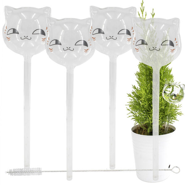 Aqua Glass Plant Watering Cat Globes - Automatic Self Watering Drip Irrigation Ideal for Vacation Plant Care, Indoor/Outdoor Potted Flowers, Herbs, Houseplants - 10" 6-7 oz 4pc Set