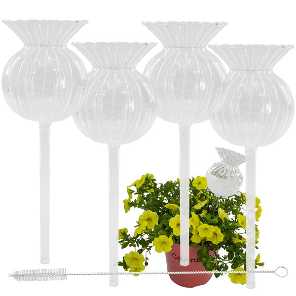 Automatic Self Watering Glass Plant Flower Globes - Easy Refill with Cork Stopper - Drip Irrigation Ideal for Vacation Plant Care, Indoor/Outdoor Potted Flowers, Herbs, Houseplants - 9.5" 6-7 oz 4pc Set