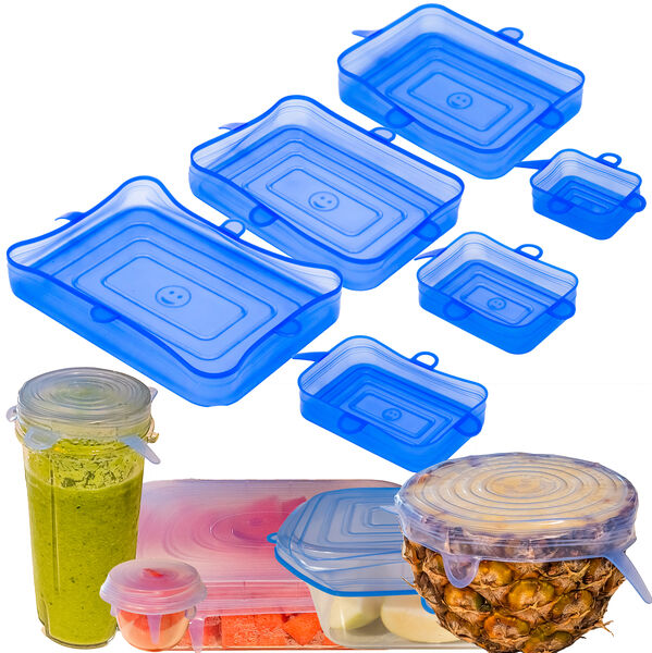 Silicone Stretch Food Lids 6 Rectangular Pack - Reusable Leak-Proof Containers Covers for Fresh Food Storage & Plastic Containers, Jars, Bins, Cups & Mason Bowls