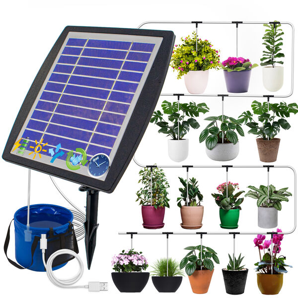 Solar Self Watering Plant Drip Irrigation System for 15 Plants Multiple Automatic Control Modes - Portable DIY Kit for Indoor/Outdoor Gardens, Patios, Balconies, and Vacation Plant Care