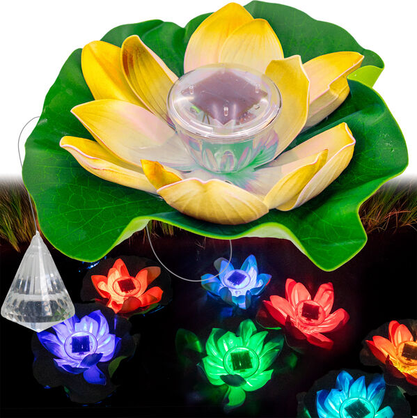 Solar Floating Lotus Flower Pool LED Lights - w/ Crysal Relfecting Anchor, Color Changing, Waterproof Pond Light Decor with Automatic Lights & Solar Panel - Realistic Garden & Outdoor Water Features Decoration