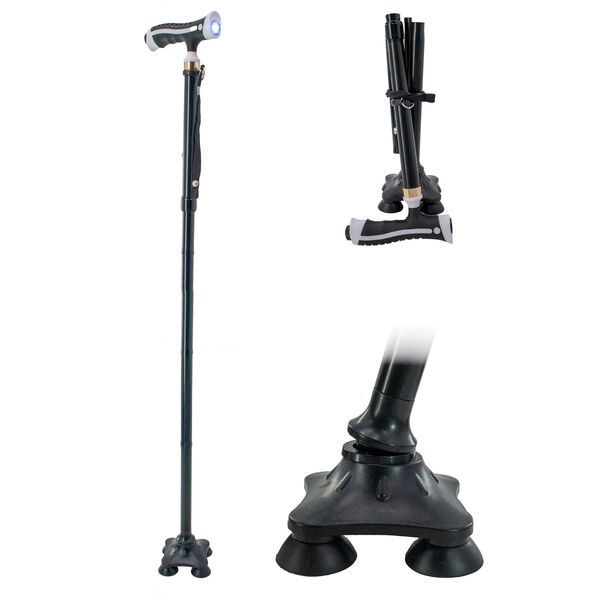 Folding Walking Cane with LED Light, Quad Pivoting Base and Ergonomic Handle - 5 Adjustable Heights, Collapsible, Portable, Lightweight, Self-Standing Mobility Aid, Ideal for Seniors, Men & Women