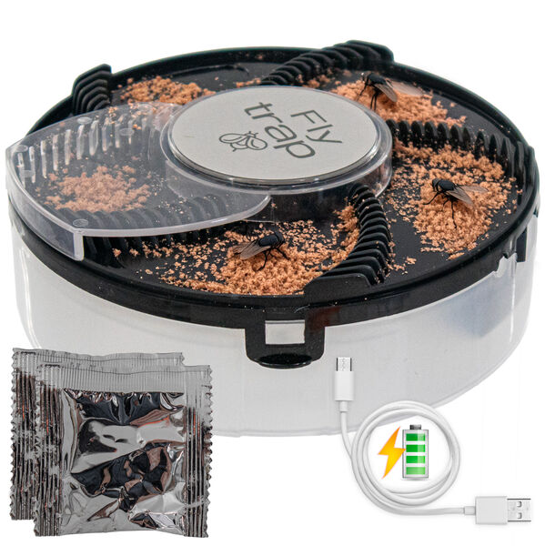 Electric Bug Fly Trap Mosquito Killer - Turntable, USB Rechargeable Insect Catcher w/ 2 Bait Packets, Non-Toxic Safe Chemical-Free, Portable for Indoor Outdoor Use - Ideal for Kitchens, Barns, Farms, and Kennels