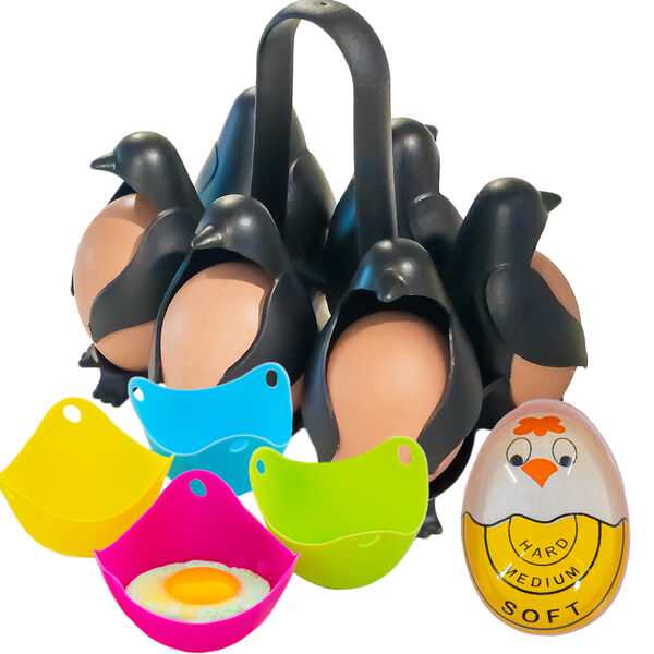 Penguin Egg Cooker, Egg Timer, & 4 Egg Poachers -  Egg Holder Boiling Rack - Perfect for Easy Soft or Hard Boiled & Poached Eggs - Stove, Microwave, Air Fryer, and Dishwasher Safe