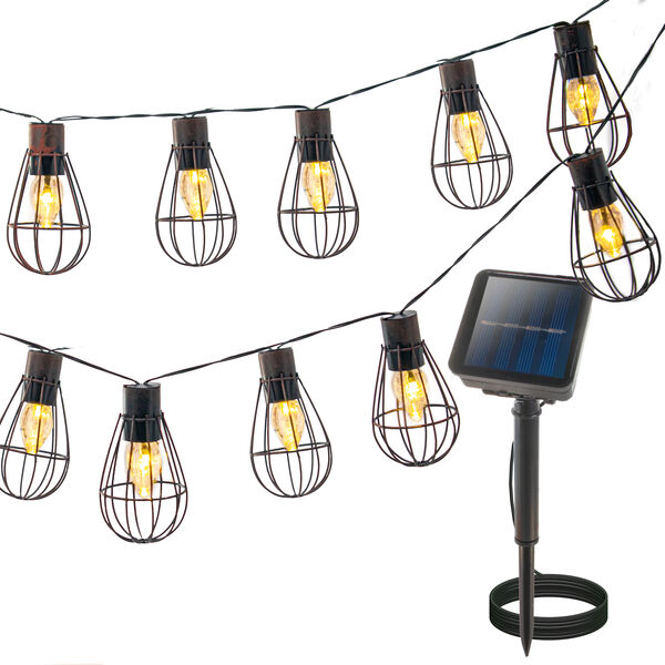 Solar Powered Vintage String Lights with 10 LED Bulbs, Metal Cage Lantern Design, IP67 Waterproof, Warm White Fairy Lights – Ideal for Garden, Patio, Yard, Café, Balcony, and Outdoor Ambiance