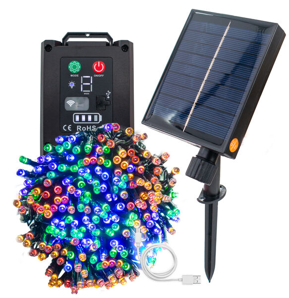 Solar Christmas Tree Outdoor Lights 200 LED - 72ft RGB Multicolor Waterproof String Lights, USB Backup, Timer, 8 Modes - for Christmas Tree, Garden, Patio, Fence, Party, and Holiday Decorations