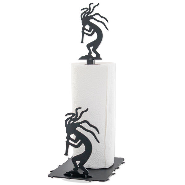 Kokopelli Paper Towel Holder -  Decorative Black Metal Dispenser with Stable Base, Sturdy Rustic Kitchen Roll Stand for Countertop, Fits Standard & Jumbo Rolls - 17.5" Tall Unique Rustic Southwestern Tribal Decor