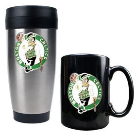 Boston Celtics NBA Stainless Steel Travel Tumbler & Black Ceramic Mug Set - Primary Logoboston 